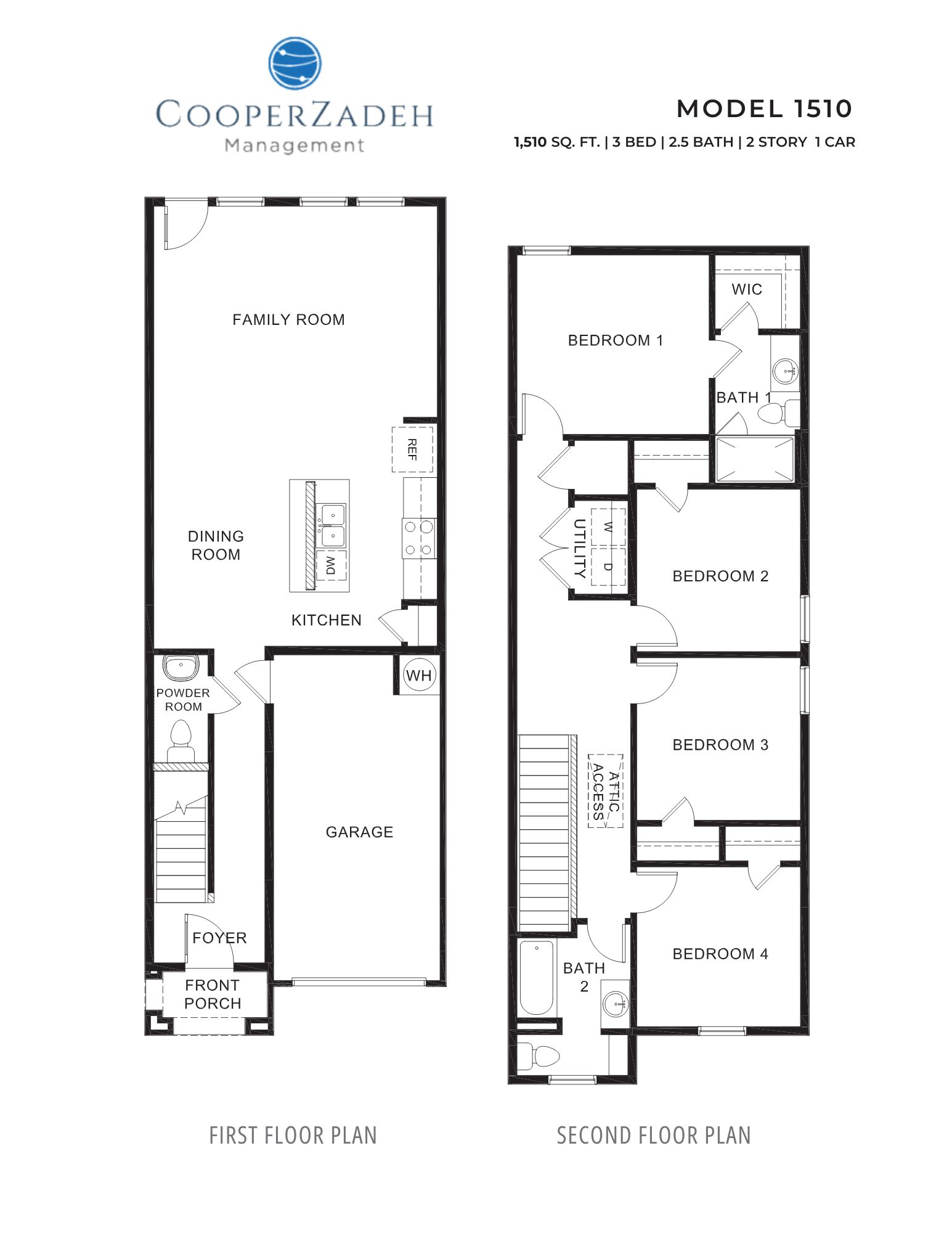 A floor plan for a Cooperzade Management model 1510 shows the layout of the first and second floors.